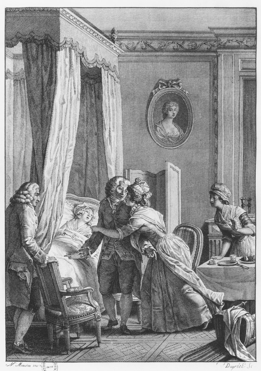 A visita do médico de Bóson, ilustração de "La Nouvelle Heloise" de Jean-Jacques Rousseau (1712-1778) gravada por Noel Le Mire (1724-1800) de Nicolas Andre Monsiau