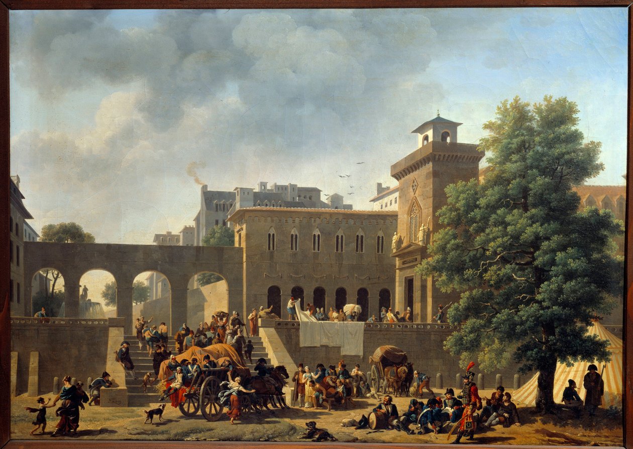 Campanha da Itália (1796-1797): "O exterior de um hospital militar ou os franceses na Itália" Pintura de Nicolas Antoine Taunay (1755-1820) Sol do século XVIII. 0,46 x 0,65 m de Nicolas Antoine Taunay