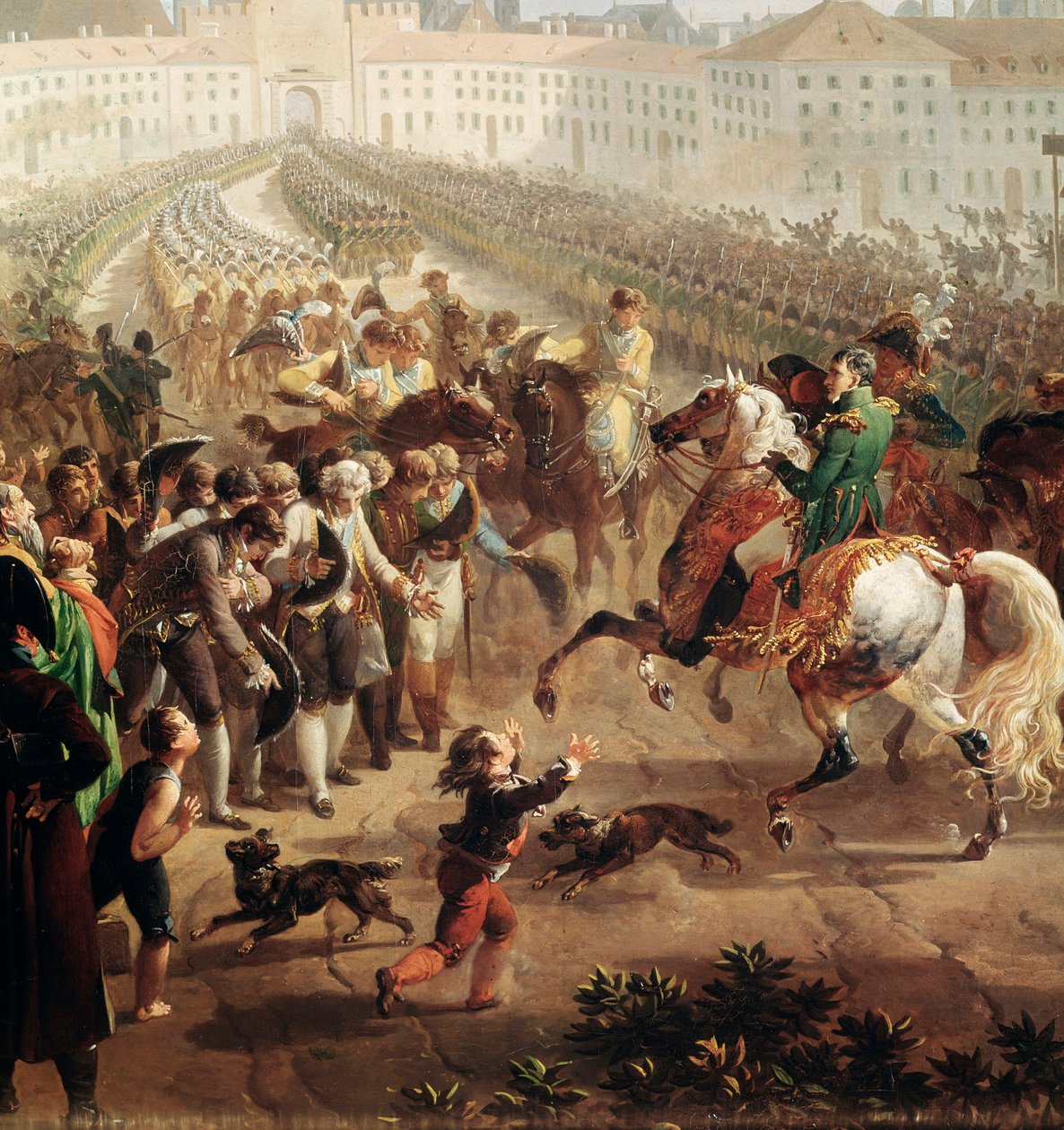 O exército francês, comandado por Napoleão Bonaparte, entra em Munique a 24 de Outubro de 1805. (Pintura de Detalhe de Nicolas Antoine Taunay