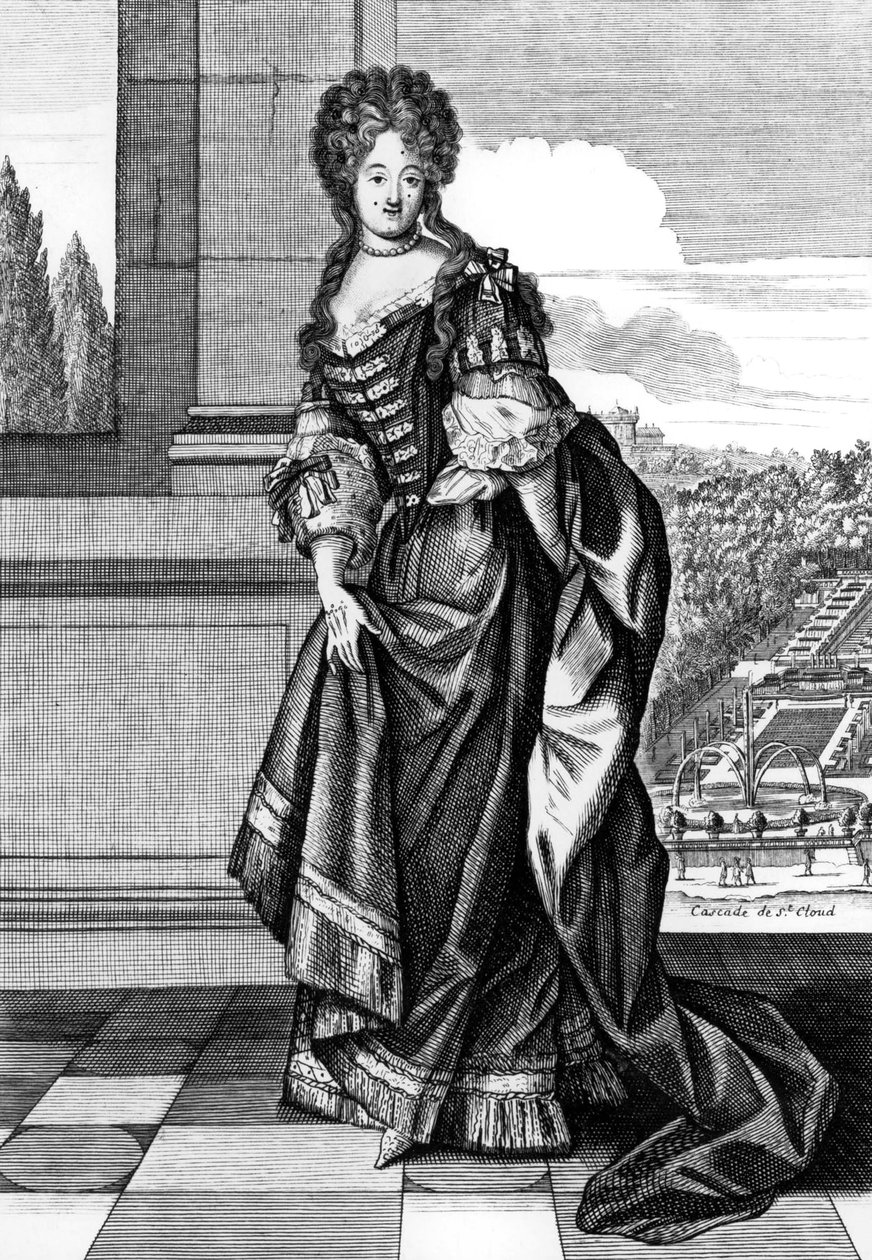 Elisabeth Charlotte da Baviera (1652-1722) apelidada de Liselotte, Princesa do Palatinado, em 1671 tornou-se Duquesa de Orleans, segunda esposa do Duque PhilippeOfOrleans, gravada por N. Arnoult depois de Dieu de Nicolas Arnoult