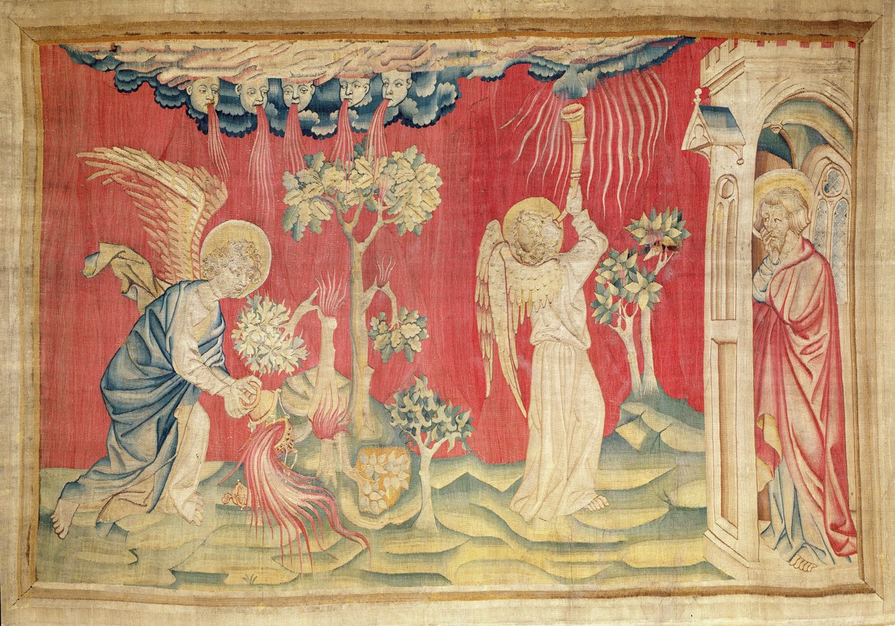 Anjo esvaziando um incensário, não. 19 de "O Apocalipse de Angers", 1373-87 (tapeçaria) de Nicolas Bataille
