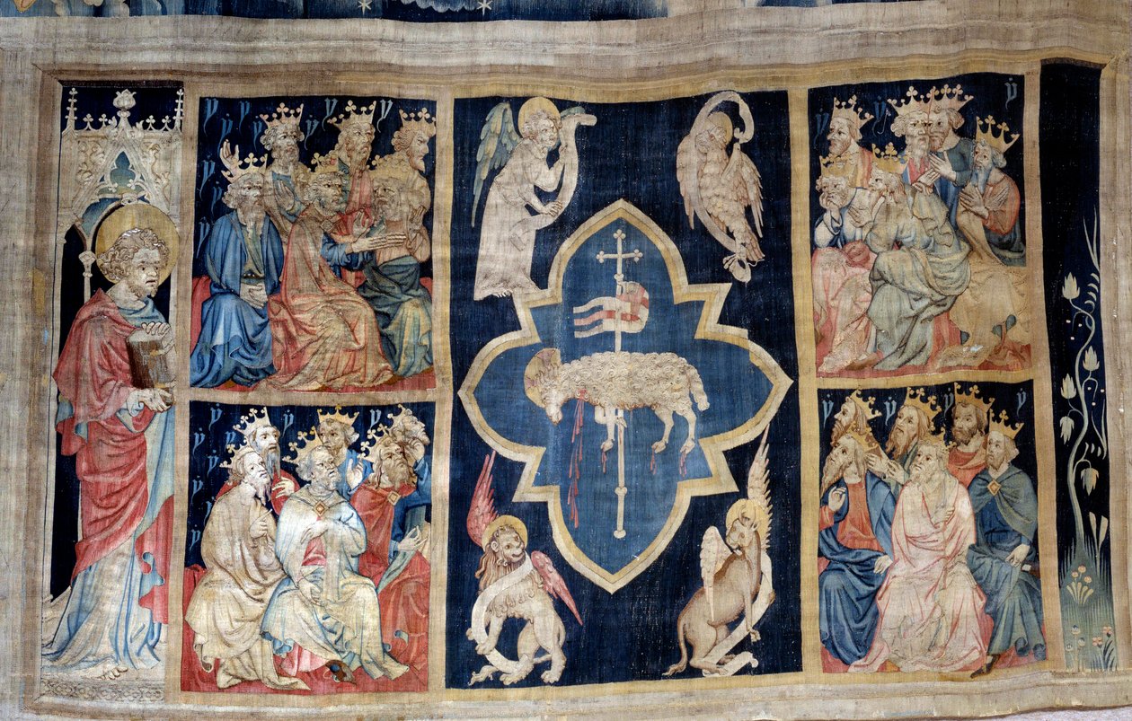 Cortina do Apocalipse (1373-1383), n. 7: os anciãos dão glória a um cordeiro, símbolo de Cristo. Tapeçaria de Nicolas Bataille (1330-1405) de Nicolas Bataille