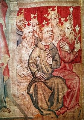Detalhe de Cristo entronizado com as bestas apocalípticas e os vinte e quatro anciãos, não. 4 do Apocalipse de Angers, 1373-87 (detalhe de 83991) de Nicolas Bataille