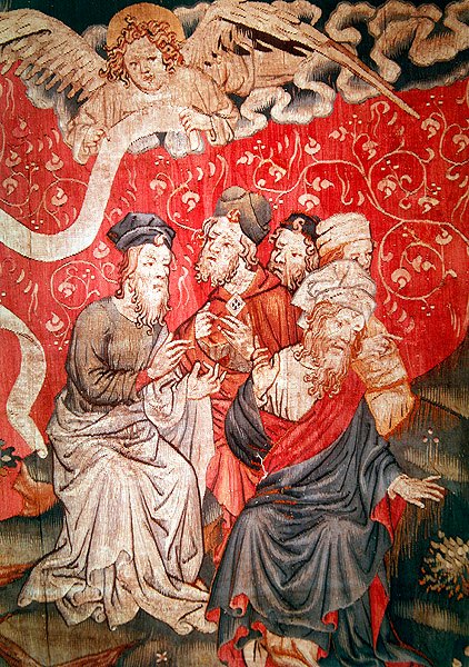 Detalhe do anjo trazendo o Evangelho aos homens, não. 49 de O Apocalipse de Angers, 1373-87 de Nicolas Bataille