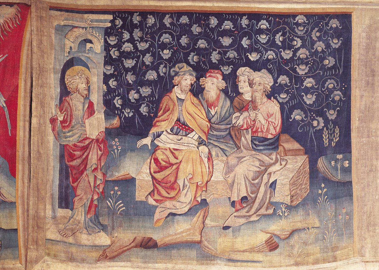 Discussão da Ressurreição, no.76 de &39;O Apocalipse de Angers&39;, 1373-87 (tapeçaria) de Nicolas Bataille