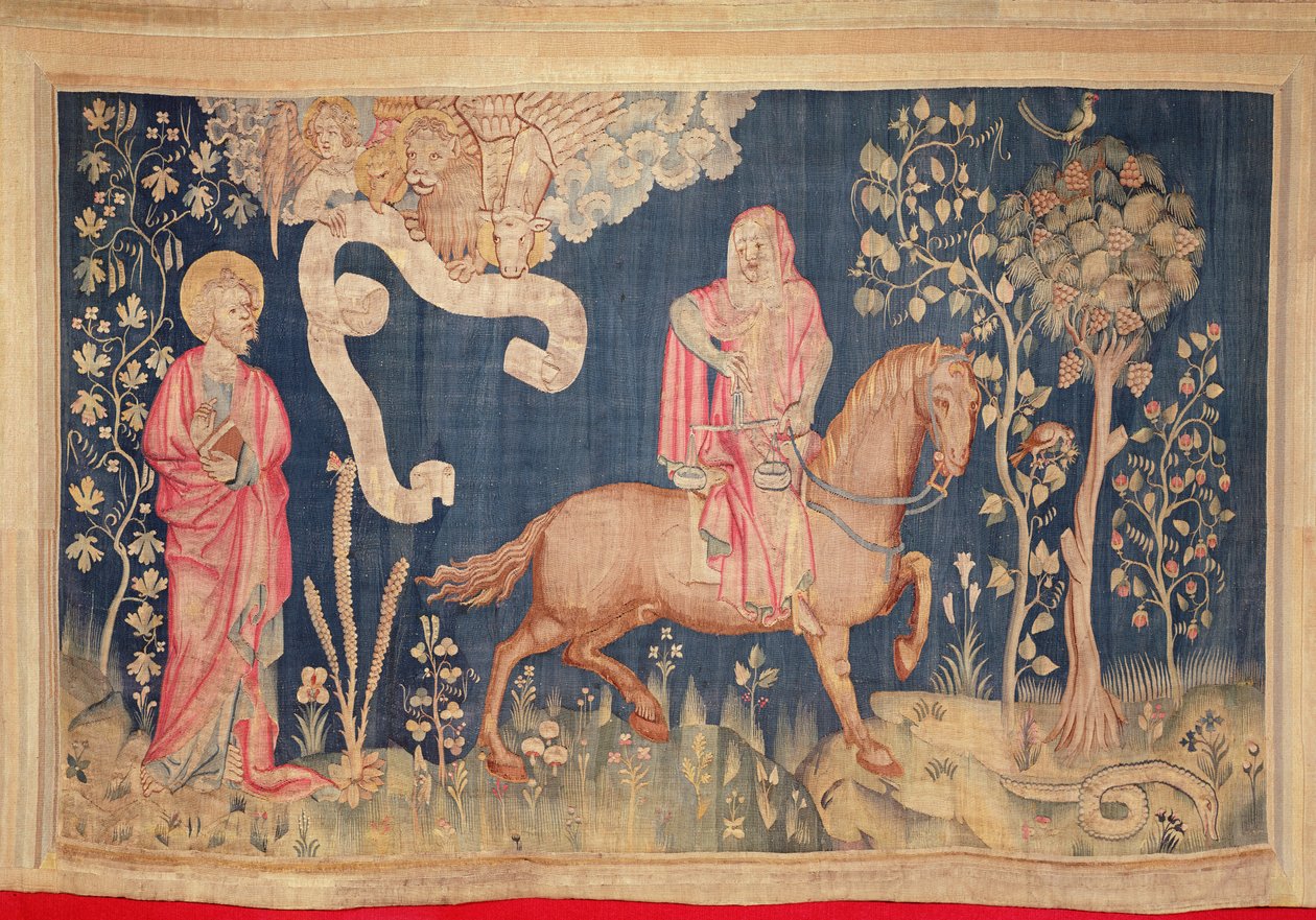 Fome no Cavalo Negro, da Tapeçaria do Apocalipse de Angers, 1373-87 (tapeçaria) de Nicolas Bataille