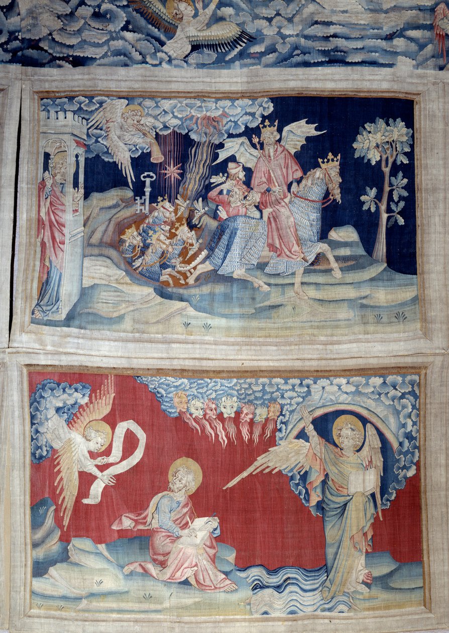 Pendurar do Apocalipse (1373-1383), n. 24: a quinta trombeta: uma chave liberta os gafanhotos. Abaixo, n. 27, o Anjo do livro aparece a São João que transcreve a mensagem divina ao som dos sete tóners. Tapeçaria de Nicolau Bataille (133 de Nicolas Bataille