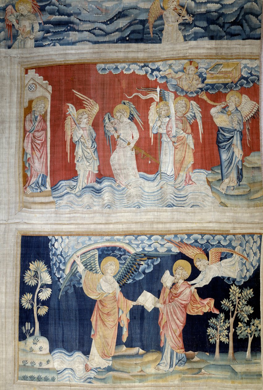 Pendurado de Apocalipse (1373-1383), n. 25: a sexta trombeta, os anjos do Eufrates. Abaixo, n. 28, o Anjo entrega o livro a São João, que o devora. Tapeçaria de Nicolau Bataille (1330-1405) de Nicolas Bataille