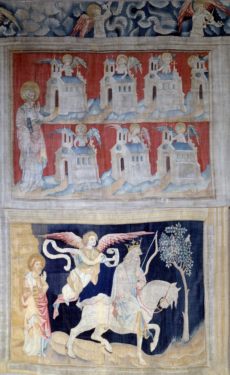 Enforcamento de Apocalipse (1373-1383), n. 28: São João a Patmos e as sete igrejas da Ásia e abaixo do Primeiro Selo: O vencedor com o cavalo branco. Tapeçaria de Nicolas Bataille (1330-1405) de Nicolas Bataille