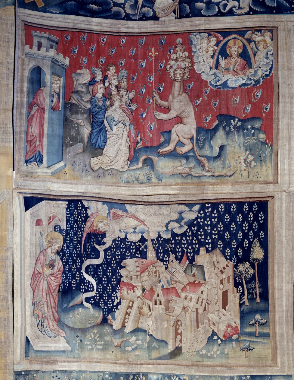 Pendurar do Apocalipse (1373-1383), n. 42: Adoração do Bete (?). N. 49: a queda da Babilônia. Tapeçaria de Nicolas Bataille (1330-1405) de Nicolas Bataille