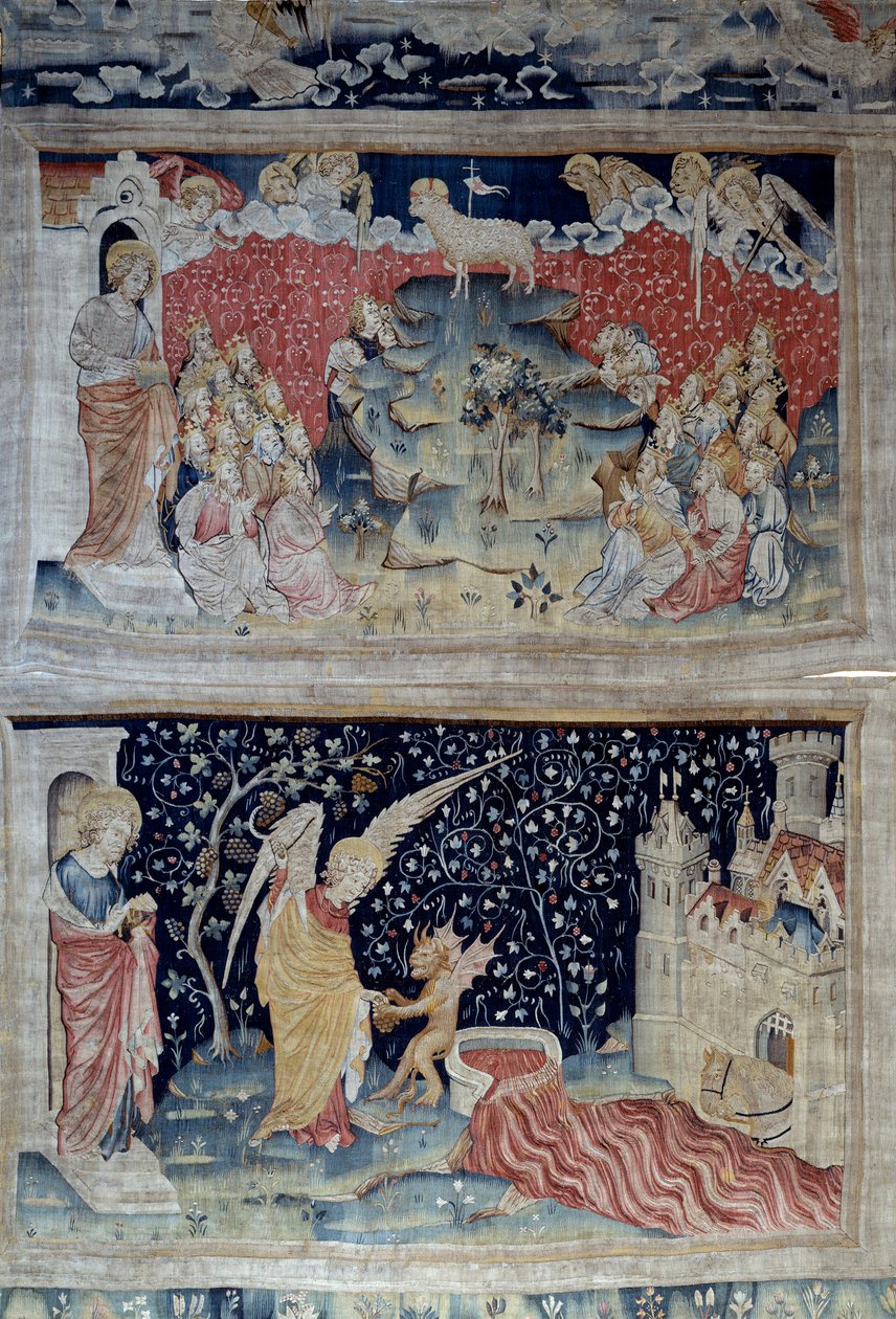 Pendurado de Apocalipse (1373-1383), n. 47: o Cordeiro no Monte Zion. Abaixo, n. 55: o Anjo pega a videira da terra, que jorrava na grande cuba da ira de Deus, a cuba transborda e o sangue se espalha. Tapeçaria de Nicolas Bataille (1330-1405) de Nicolas Bataille