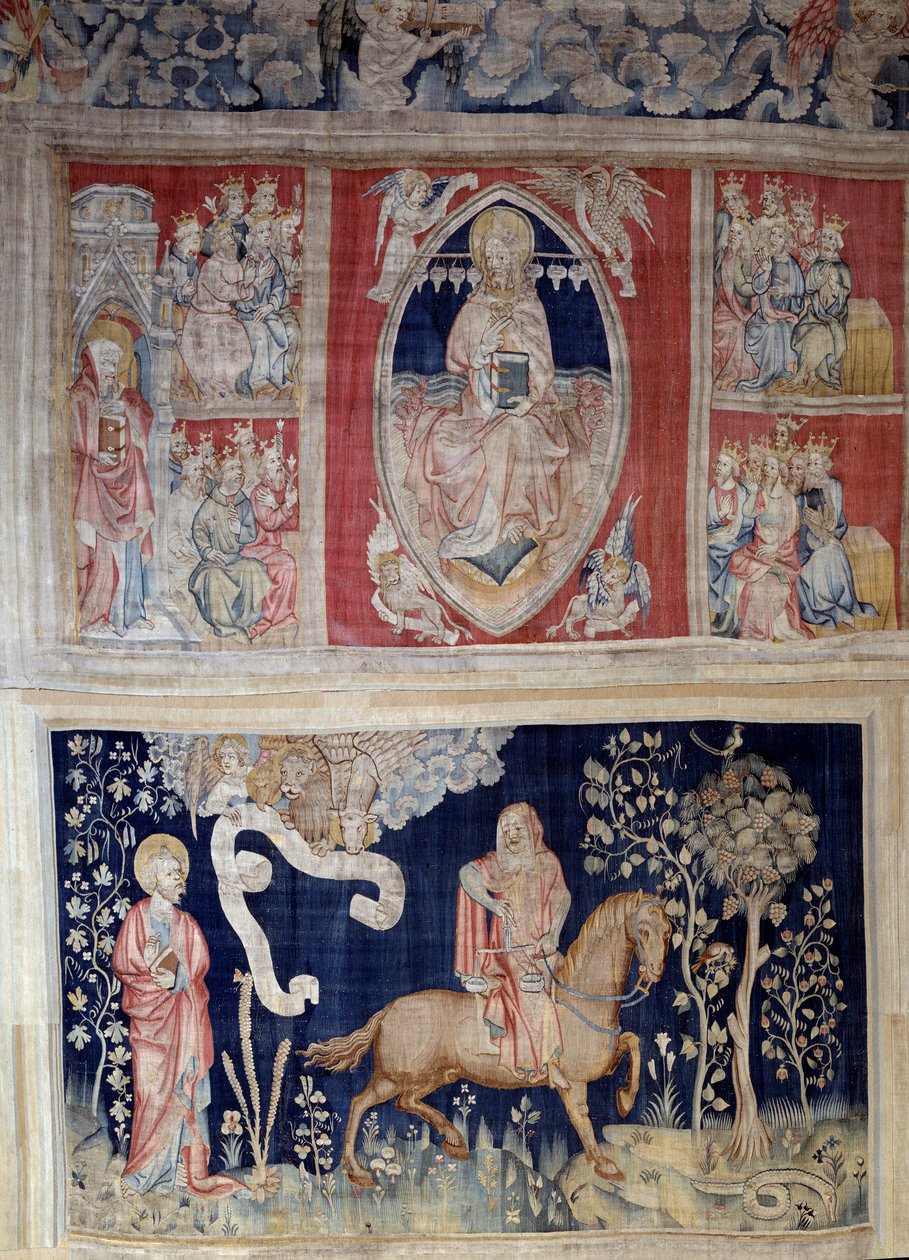 Pendurado de Apocalipse (1373-1383), n. 4: representação de Cristo em majestade (Jesus Cristo em glória é representado dentro de uma mandorla) ou tetramórfico. N. 9: o cavalo vermelho e a guerra. Tapeçaria de Nicolas Bataille (1330-1405) de Nicolas Bataille