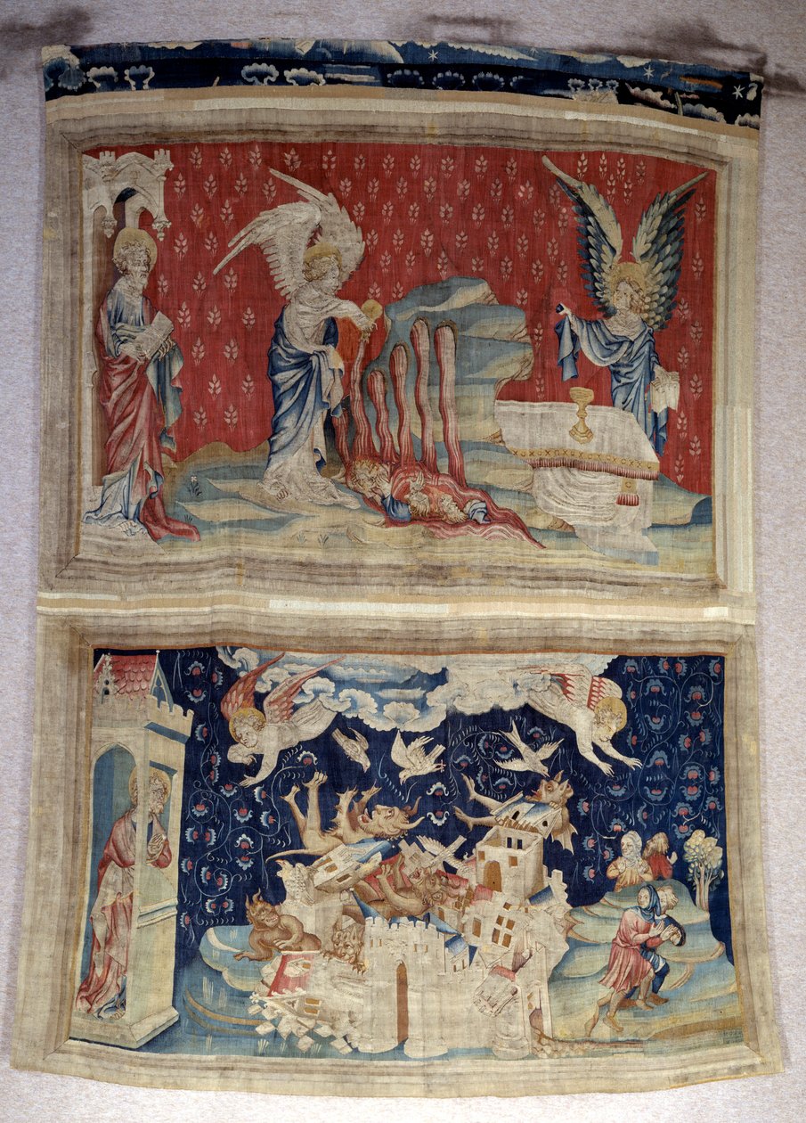 Pendurado de Apocalipse (1373-1383), n. 59: a segunda e terceira garrafas derramadas sobre o mar e as águas. Lá embaixo, n. 66, a Babilônia é invadida por demônios. Tapeçaria por Nicolas Bataille (1330-1405) de Nicolas Bataille