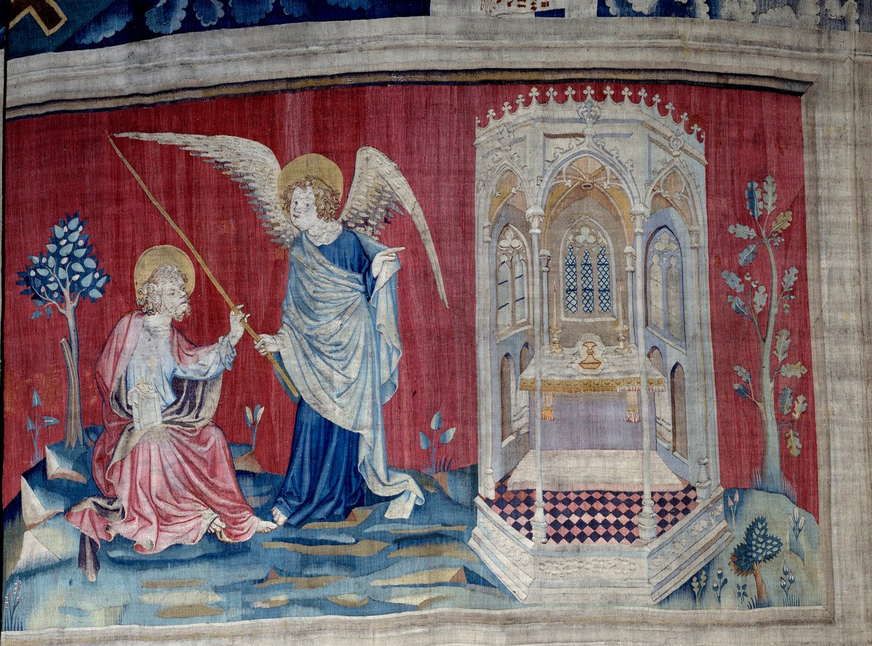 Pendurado de Apocalipse (1373 -1383), n. 27: São João e o Anjo. Tapeçaria de Nicolau Bataille (1330-1405) de Nicolas Bataille