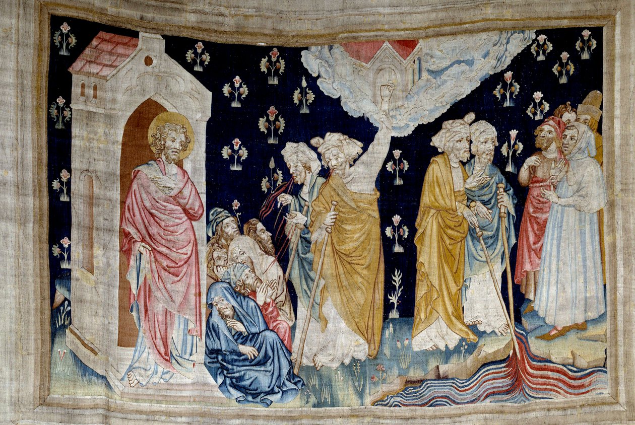 Pendurado de Apocalipse (1373 -1383), n. 28: o milagre. Fideles, servos de Deus e profetas, olham para o rio transformado em sangue. Tapeçaria de Nicolas Bataille (1330-1405) de Nicolas Bataille