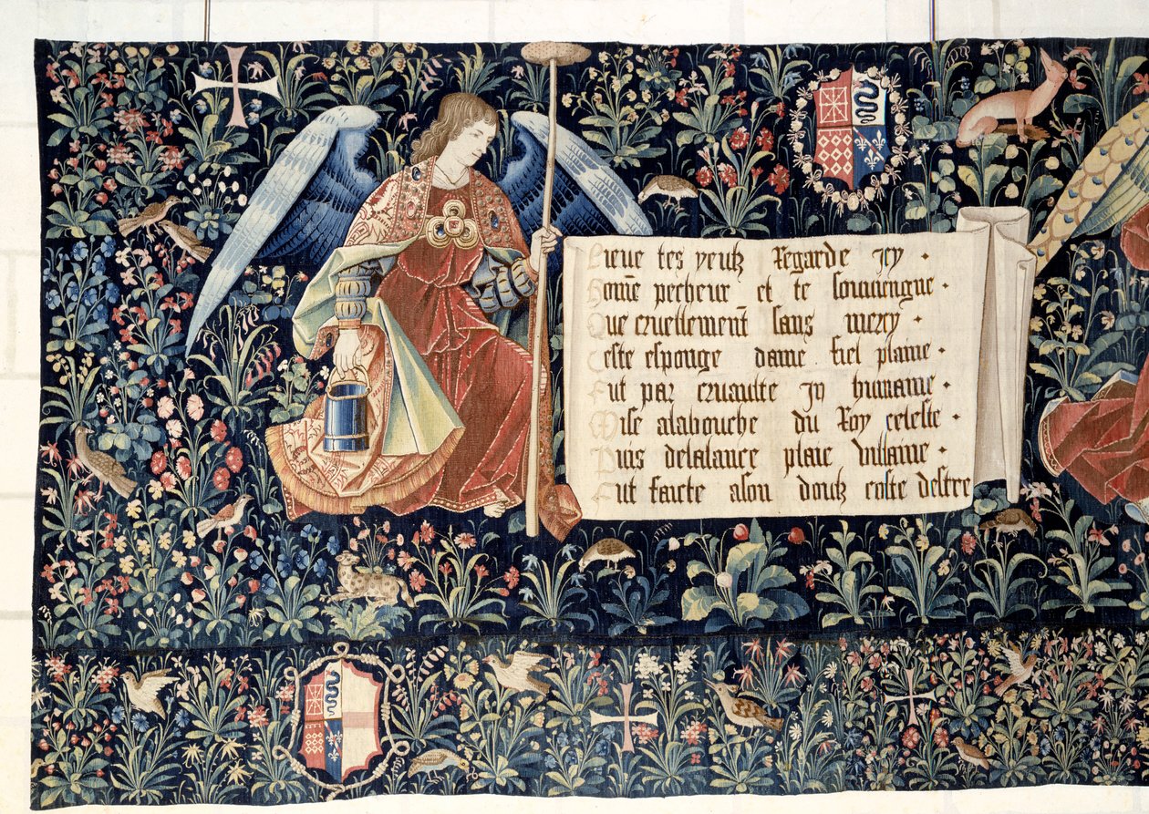Pendurado do Apocalipse (1373-1383), anjos portadores de instrumentos da Paixão. Tapeçaria de Nicolas Bataille (1330-1405) de Nicolas Bataille