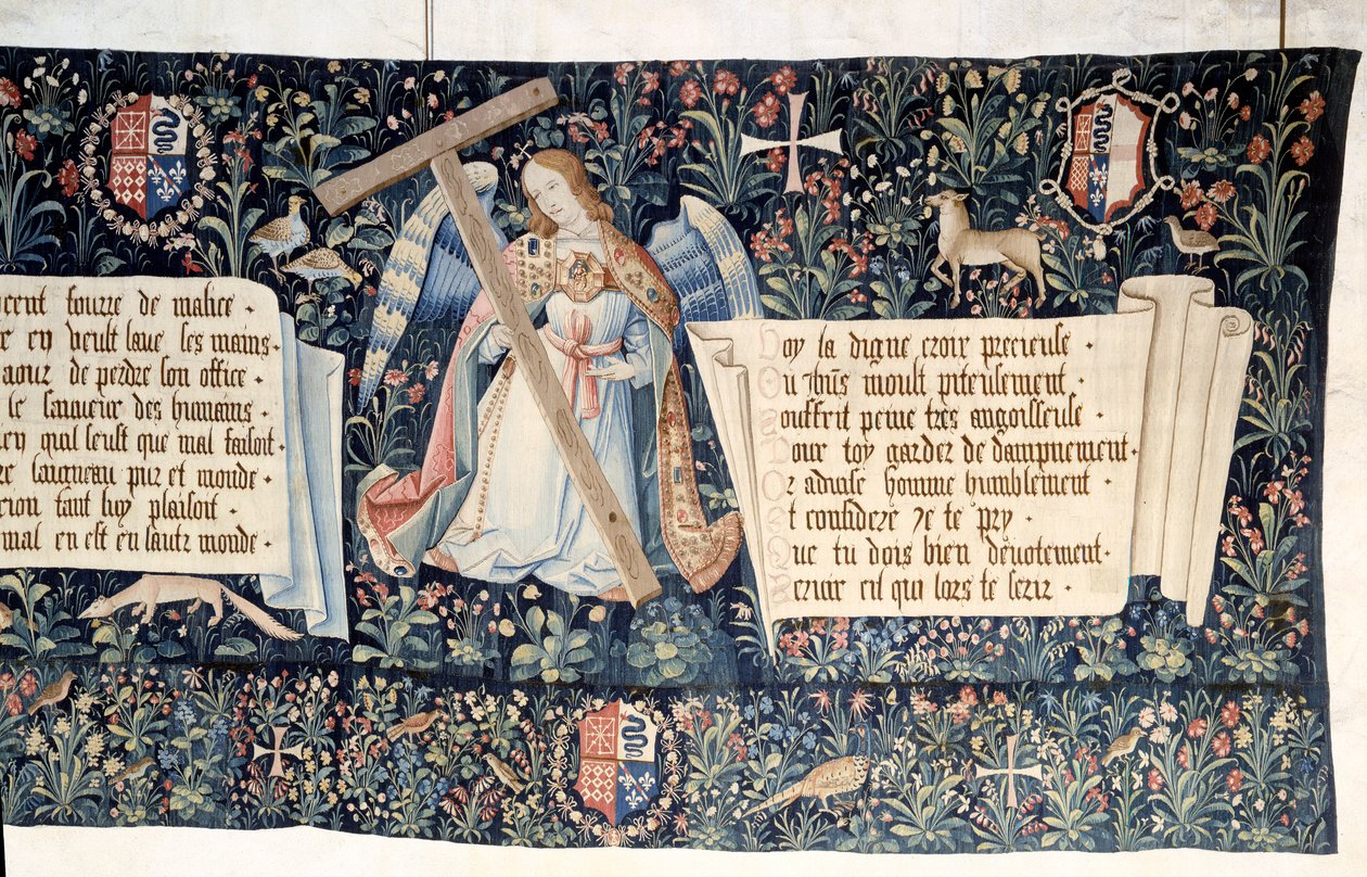 Pendurado do Apocalipse (1373-1383), anjos portadores de instrumentos da Paixão. Tapeçaria de Nicolas Bataille (1330-1405) de Nicolas Bataille