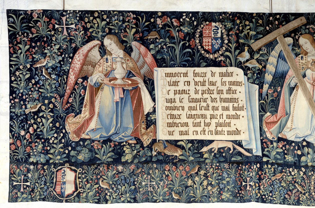 Pendurado do Apocalipse (1373-1383), anjos portadores de instrumentos da Paixão. Tapeçaria de Nicolas Bataille (1330-1405) de Nicolas Bataille