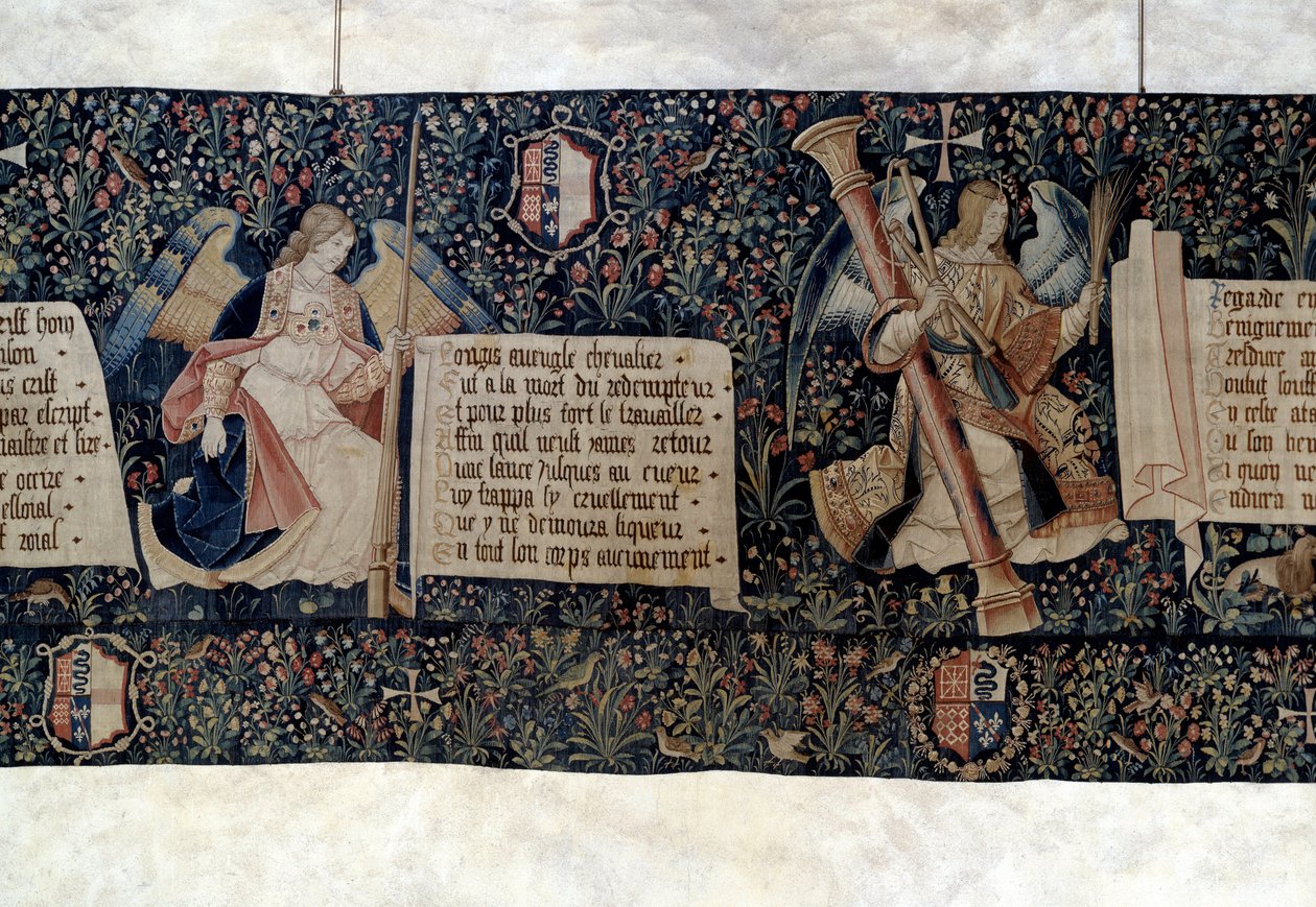 Pendurado do Apocalipse (1373-1383), anjos portadores de instrumentos da Paixão. Tapeçaria de Nicolas Bataille (1330-1405) de Nicolas Bataille