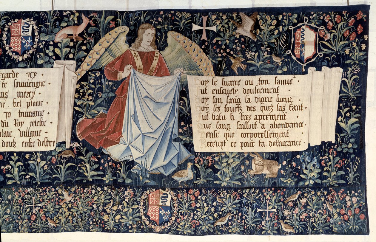 Pendurado do Apocalipse (1373-1383), anjos portadores de instrumentos da Paixão. Tapeçaria de Nicolas Bataille (1330-1405) de Nicolas Bataille