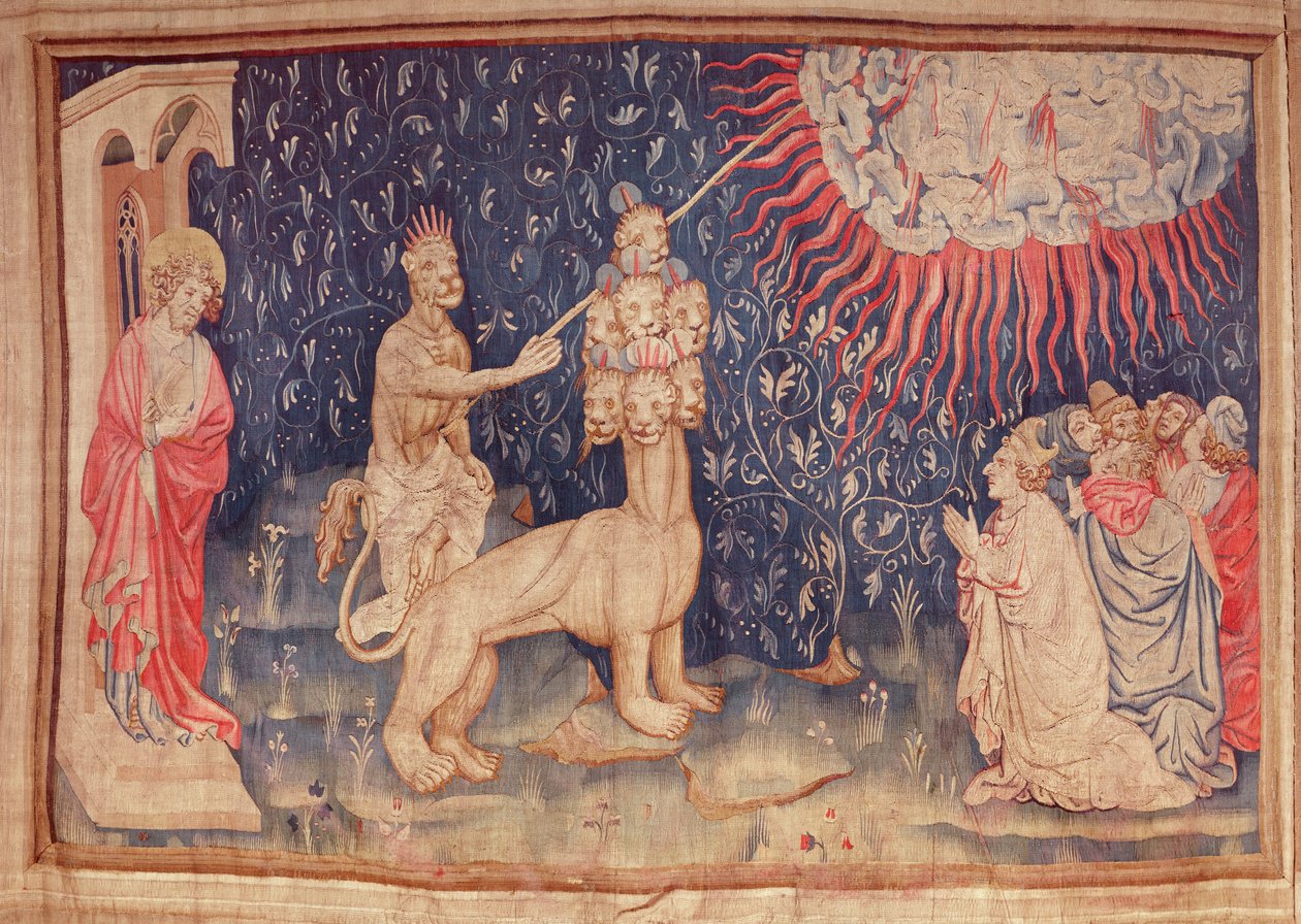 A Besta da Terra faz o fogo cair do céu, da Tapeçaria do Apocalipse de Angers, 1373-87 (tapeçaria) de Nicolas Bataille