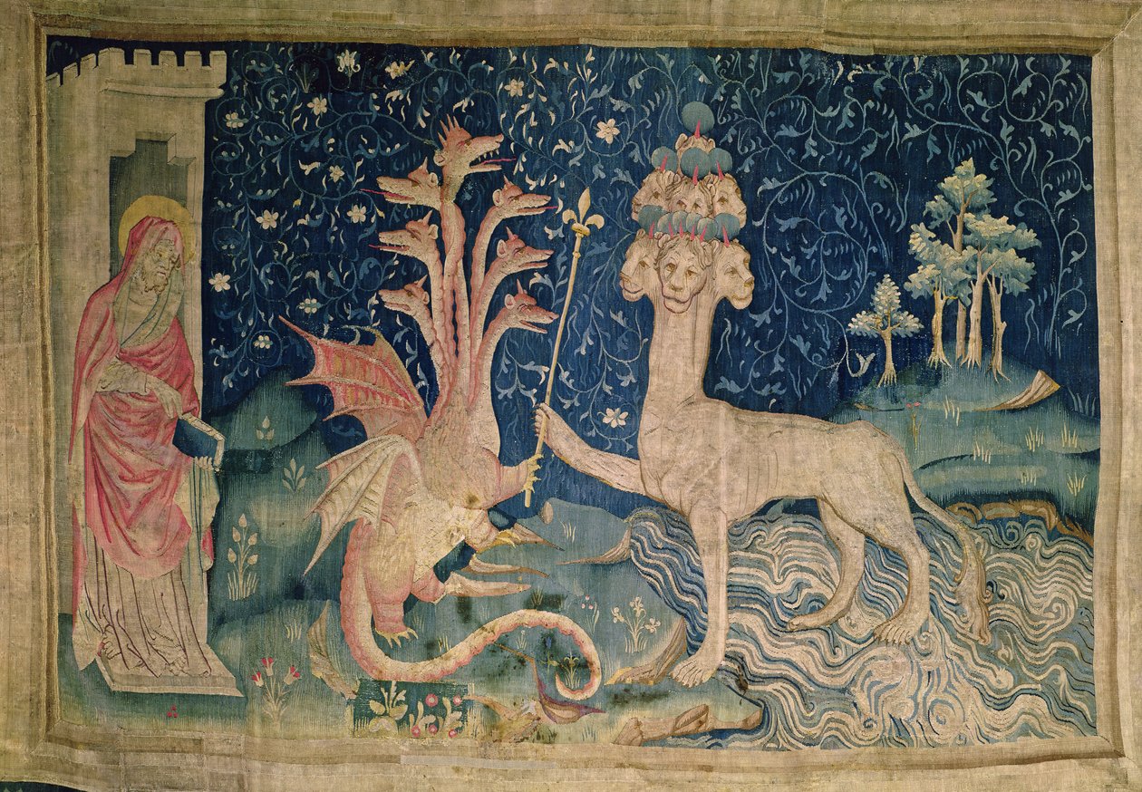 A Besta do Mar com Sete Cabeças e Dez Coroas, nº 40 de &39;O Apocalipse de Angers&39;, 1373-87 (tapeçaria) de Nicolas Bataille