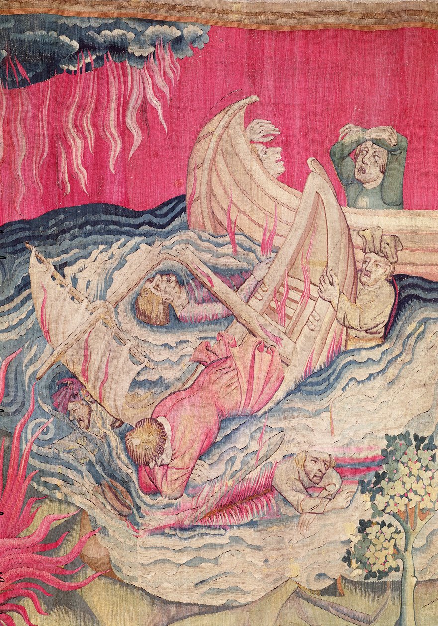 A Segunda Trombeta e o Naufrágio, detalhe dos naufrágios, número 21 de The Apocalypse of Angers, 1373-87 tapeçaria de Nicolas Bataille