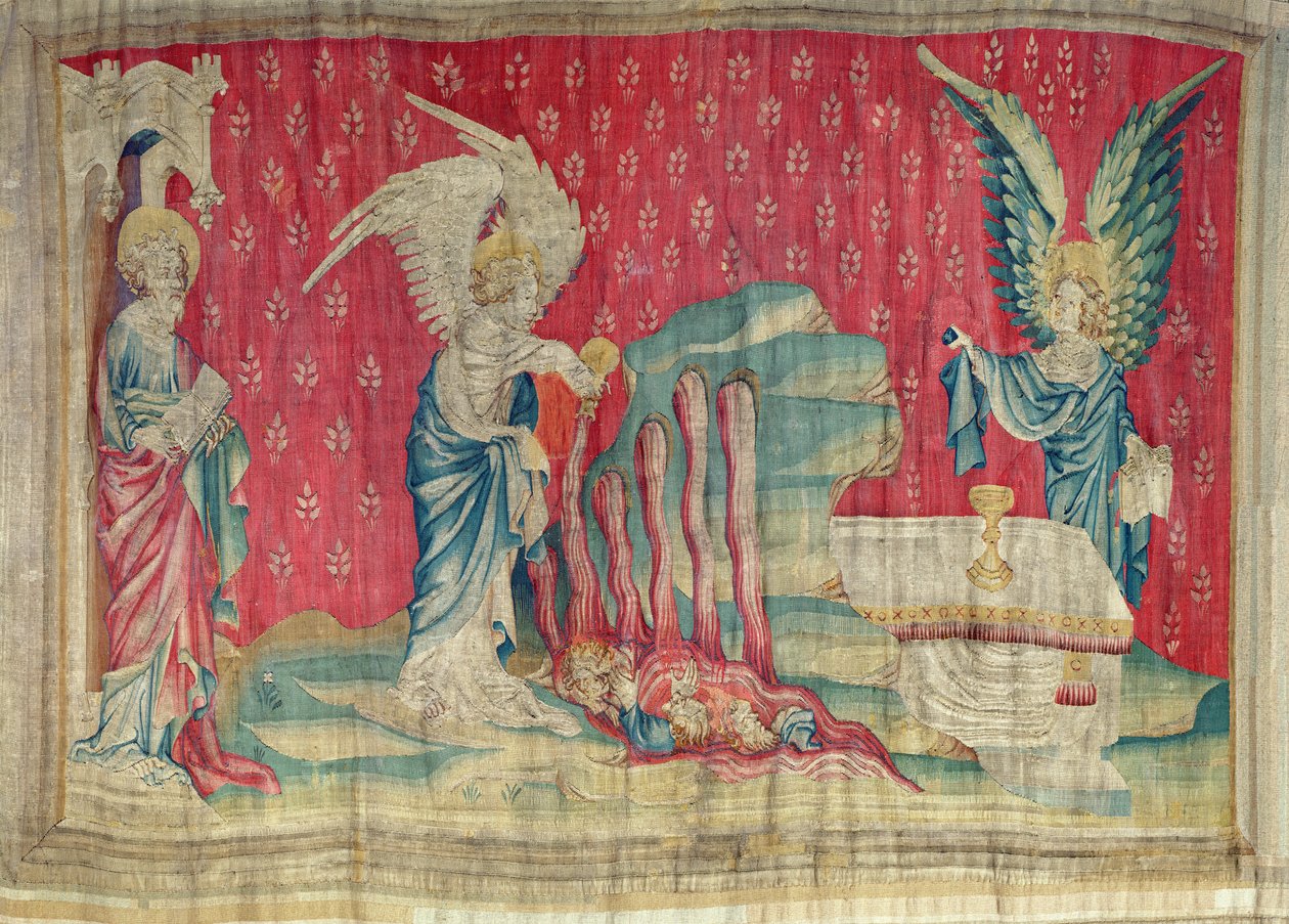 Os segundo e terceiro frascos derramados no mar e nas águas, no. 59 de "O Apocalipse de Angers", 1373-87 (tapeçaria) de Nicolas Bataille