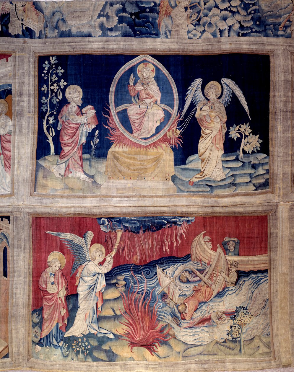A cortina do Apocalipse (1373 -1383), no. 15 e 18: Deus e São João choram quando vêem o desastre. Tapeçaria de Nicolas Bataille (1330-1405) de Nicolas Bataille