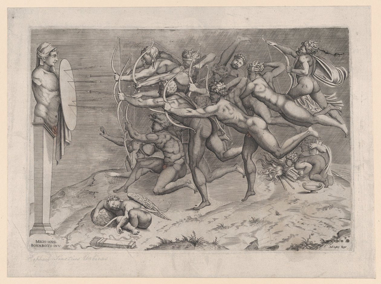 Arqueiros nus atirando em um alvo preso a uma herm, Cupido dormindo abaixo, possib..., ca. 1540-60. de Nicolas Beatrizet