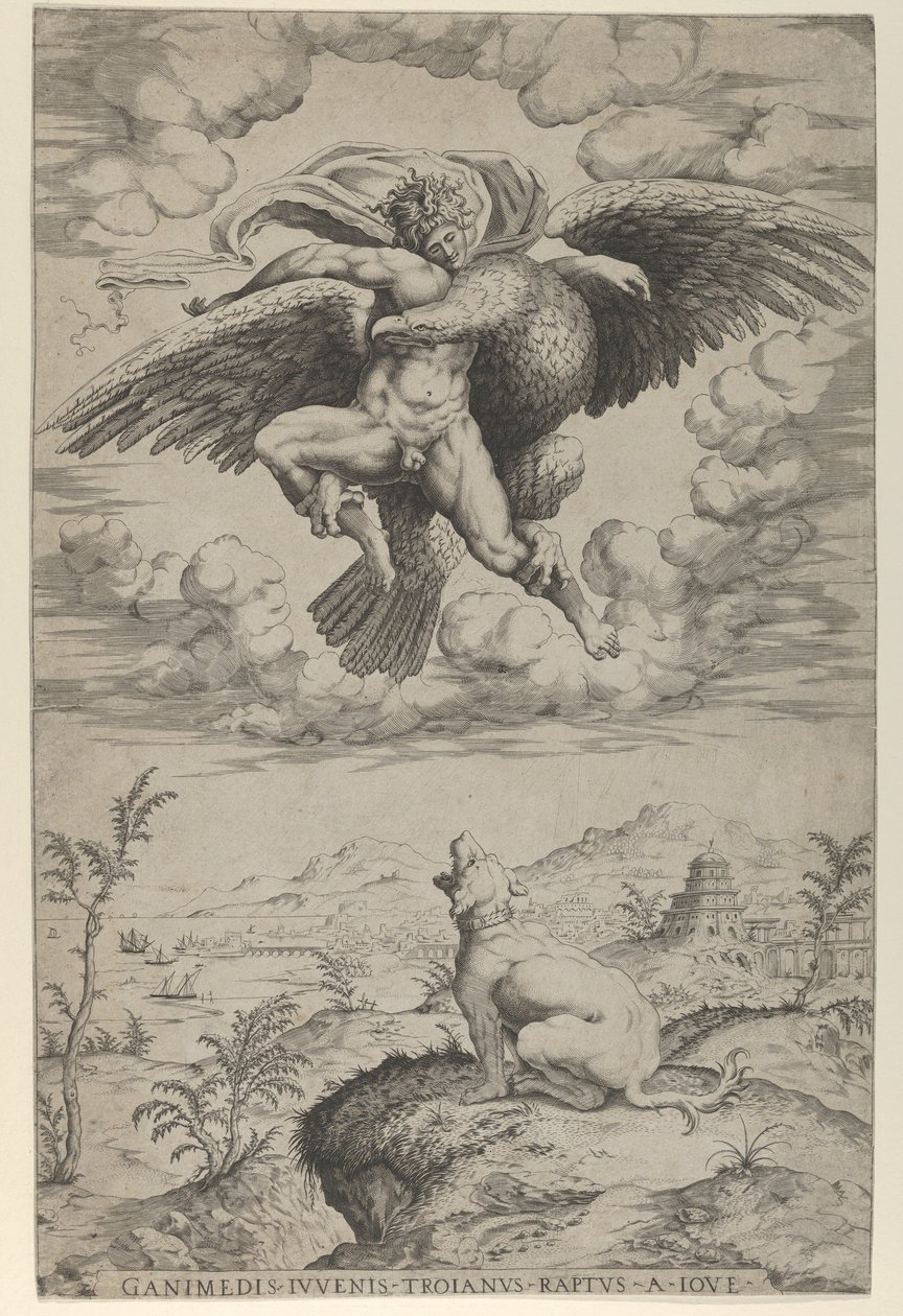 O Rapto de Ganimedes por Júpiter disfarçado de águia levando-o aos céus, oi..., 1542. de Nicolas Beatrizet