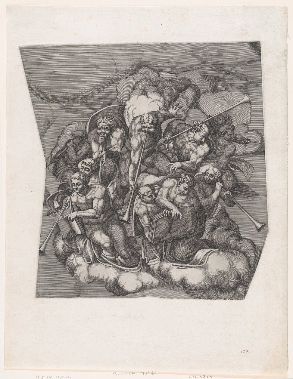 Anjos trombeteiros do Juízo Final, depois de Michelangelo, 1530-66., 1530-66. de Nicolas Beatrizet