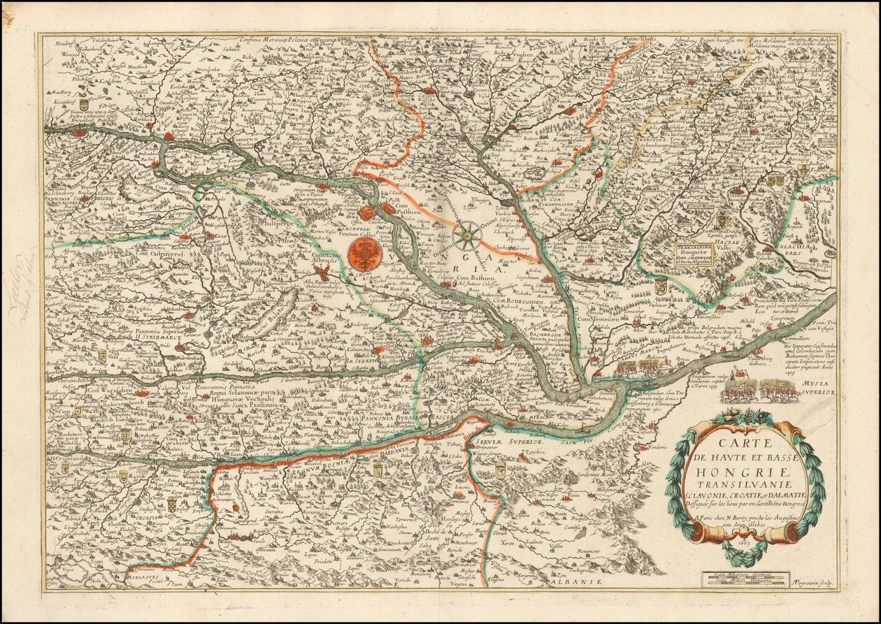 Mapa de 1663 da Alta e Baixa Hungria, Transilvânia, Eslovénia, Croácia e Dalmácia, publicado por Nicolas Berey de Nicolas Berey