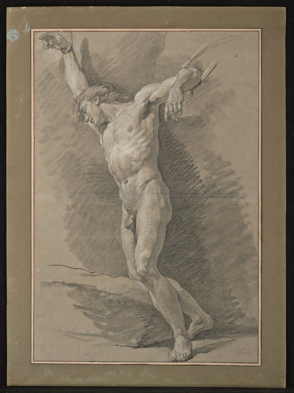 Academia de um homem nu com os braços amarrados com cordas (giz preto e branco sobre papel cinzento) de Nicolas Bernard Lepicie
