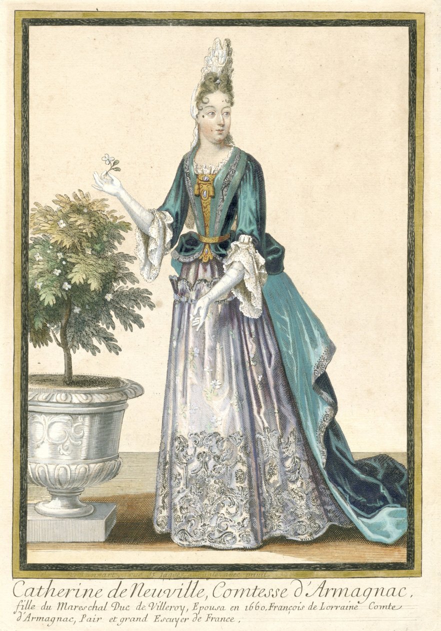 Estampas francesas propagando a moda francesa : Retrato de Catarina de Neuville, Condessa de Armagnac Catarina de Neuville, Condessa de Armagnac, vestida de acordo com a moda francesa ca. 1685 de Nicolas Bonnart (fils)