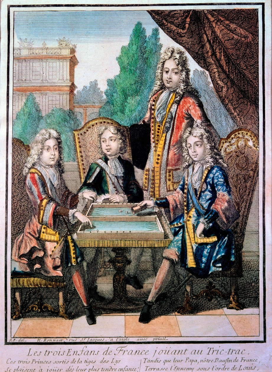 Os netos de Luís XIV (1638-1715), Luís Duque de Borgonha (d. 1712), Philippe, Duque de Anjou (1683-1746), e Carlos, Duque de Berry com seu pai, Luís (d. 1711), golfinho da França, tocando tric trac (Trictrac ou Trictrac: antepassado de backga de Nicolas Bonnart