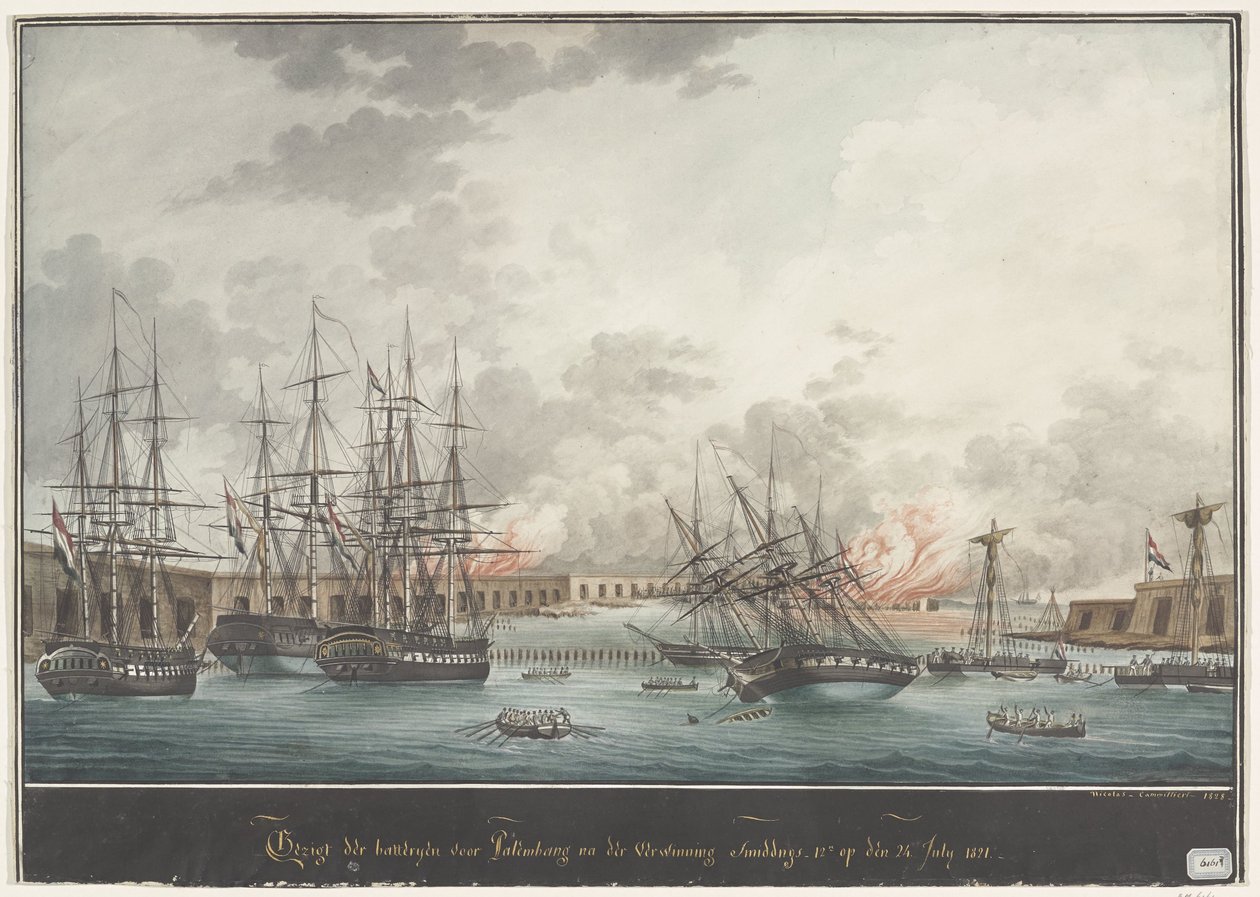 Vista das baterias fora de Palembang após a vitória ao meio-dia - 12h00 de 24 de Julho de 1821 (título sobre o objecto) de Nicolas Cammillieri
