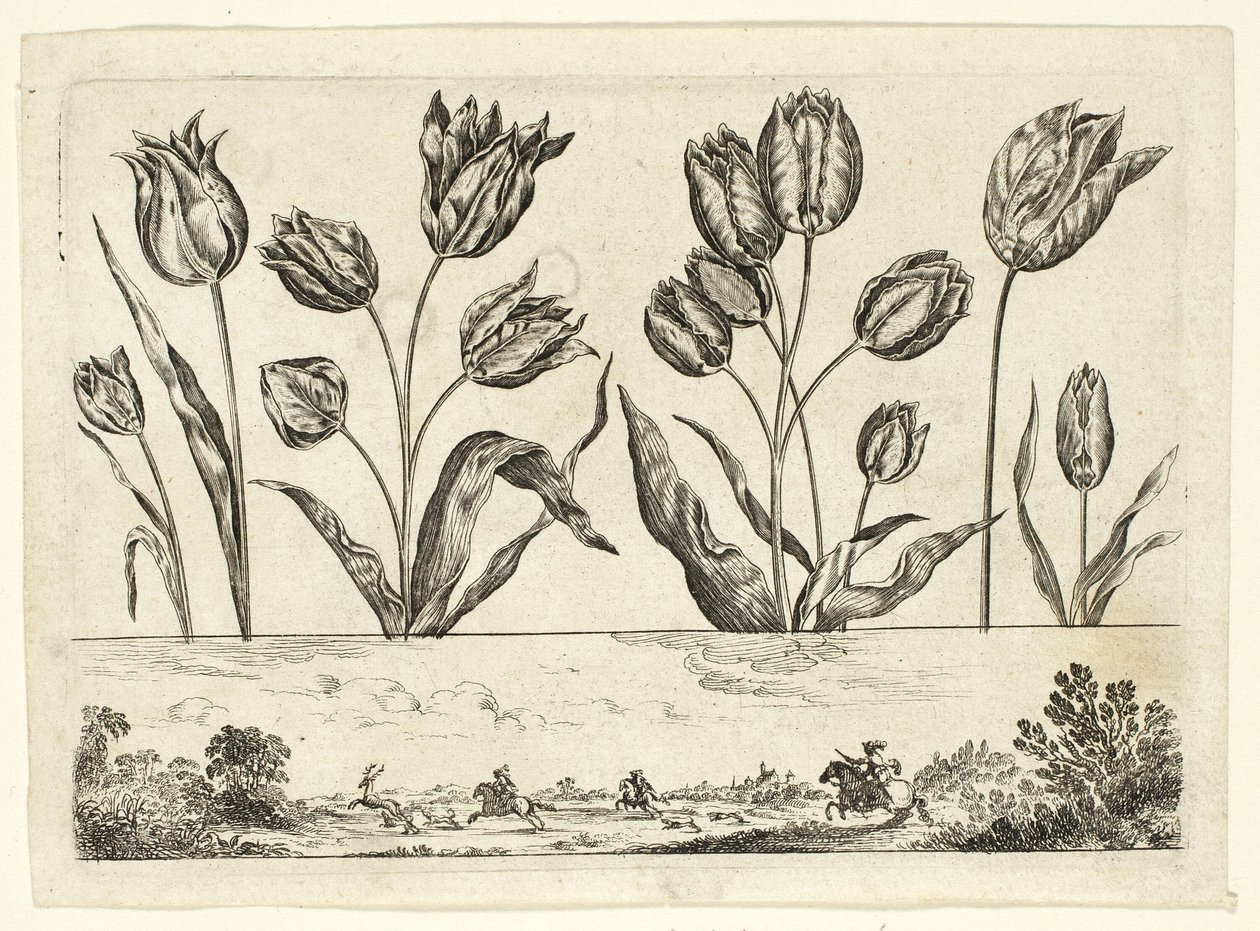 Flores e Cena de Caça, do Livre Nouveau de Fleurs... de Nicolas Cochin
