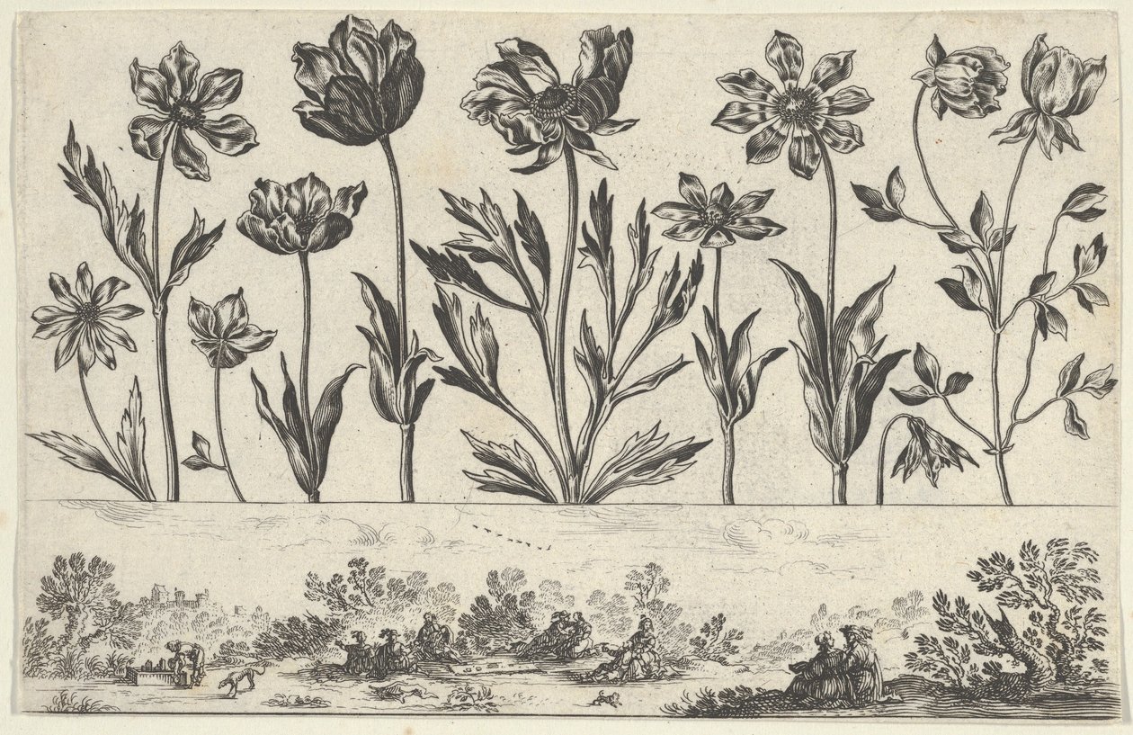 Painel horizontal com uma fileira de flores acima de um friso com figuras em uma paisagem, de Li..., 1645. de Nicolas Cochin