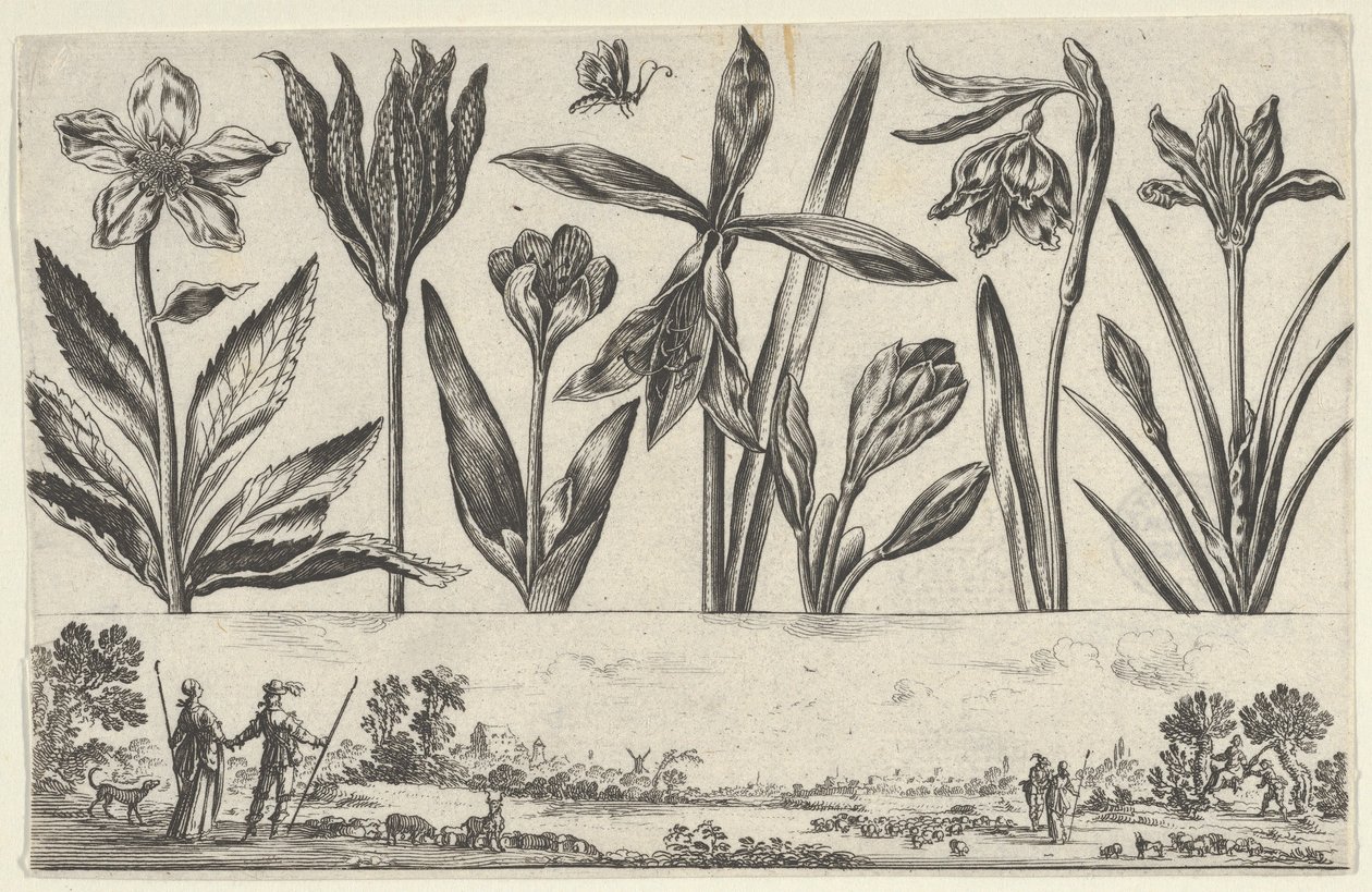 Painel horizontal com uma fileira de flores acima de um friso com figuras em uma paisagem, de Li..., 1645. de Nicolas Cochin