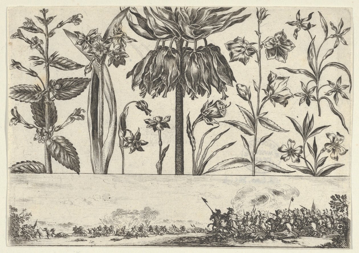 Painel horizontal com uma fileira de flores acima de um friso com uma cena de batalha em uma paisagem, ..., 1645. de Nicolas Cochin