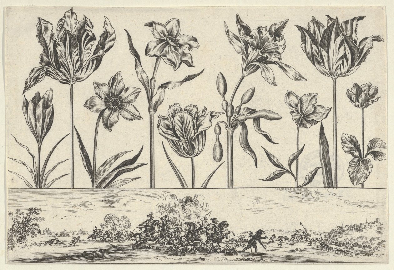Painel horizontal com uma fileira de flores acima de um friso com uma cena de batalha em uma paisagem, ..., 1645. de Nicolas Cochin