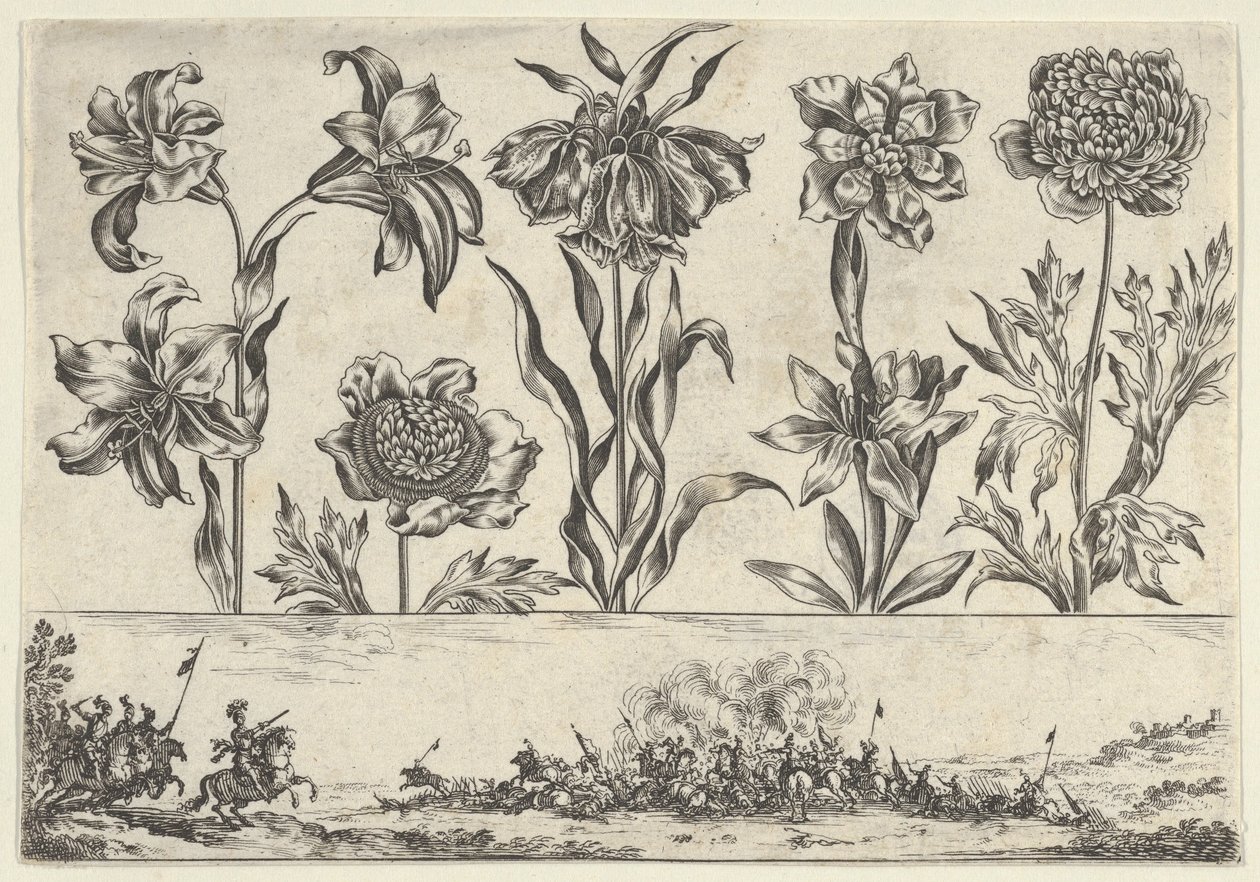 Painel horizontal com uma fileira de flores acima de um friso com uma cena de batalha em uma paisagem, ..., 1645. de Nicolas Cochin