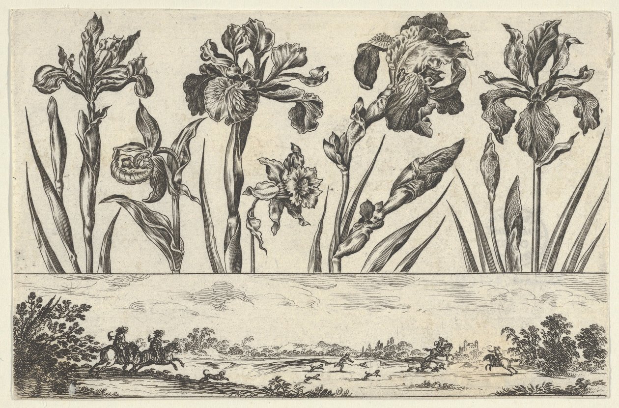 Painel horizontal com uma fileira de flores acima de um friso com uma cena de caça em uma paisagem,..., 1645. de Nicolas Cochin
