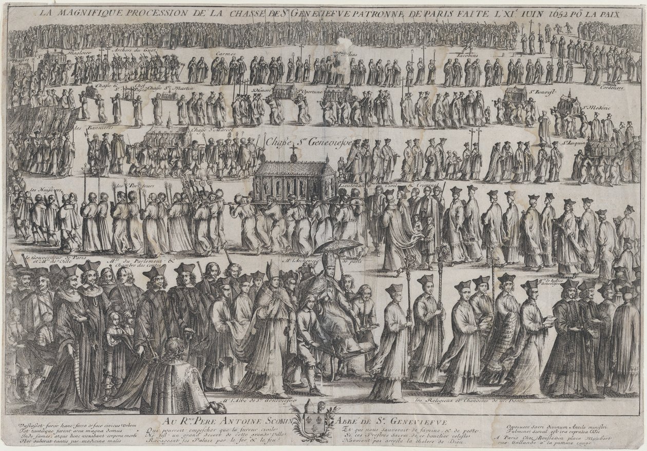 A procissão da urna de Santa Genoveva, com clérigos e leigos marchando em seis filas..., 1652. de Nicolas Cochin