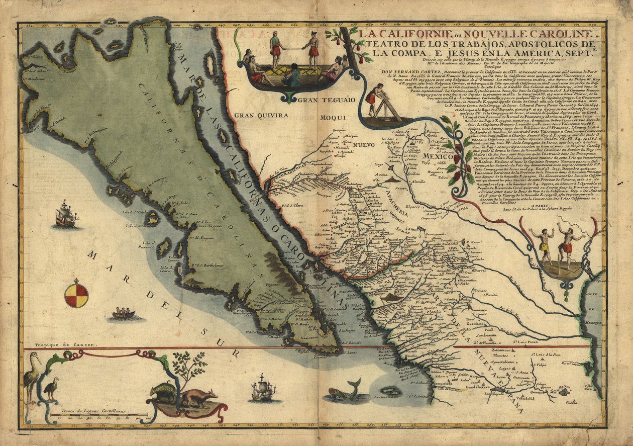 La Californie ou Nouvelle Caroline - teatro das obras, obras apostólicas da Compa. e Jesus in America Septe. LOC 96686640 de Nicolas de Fer