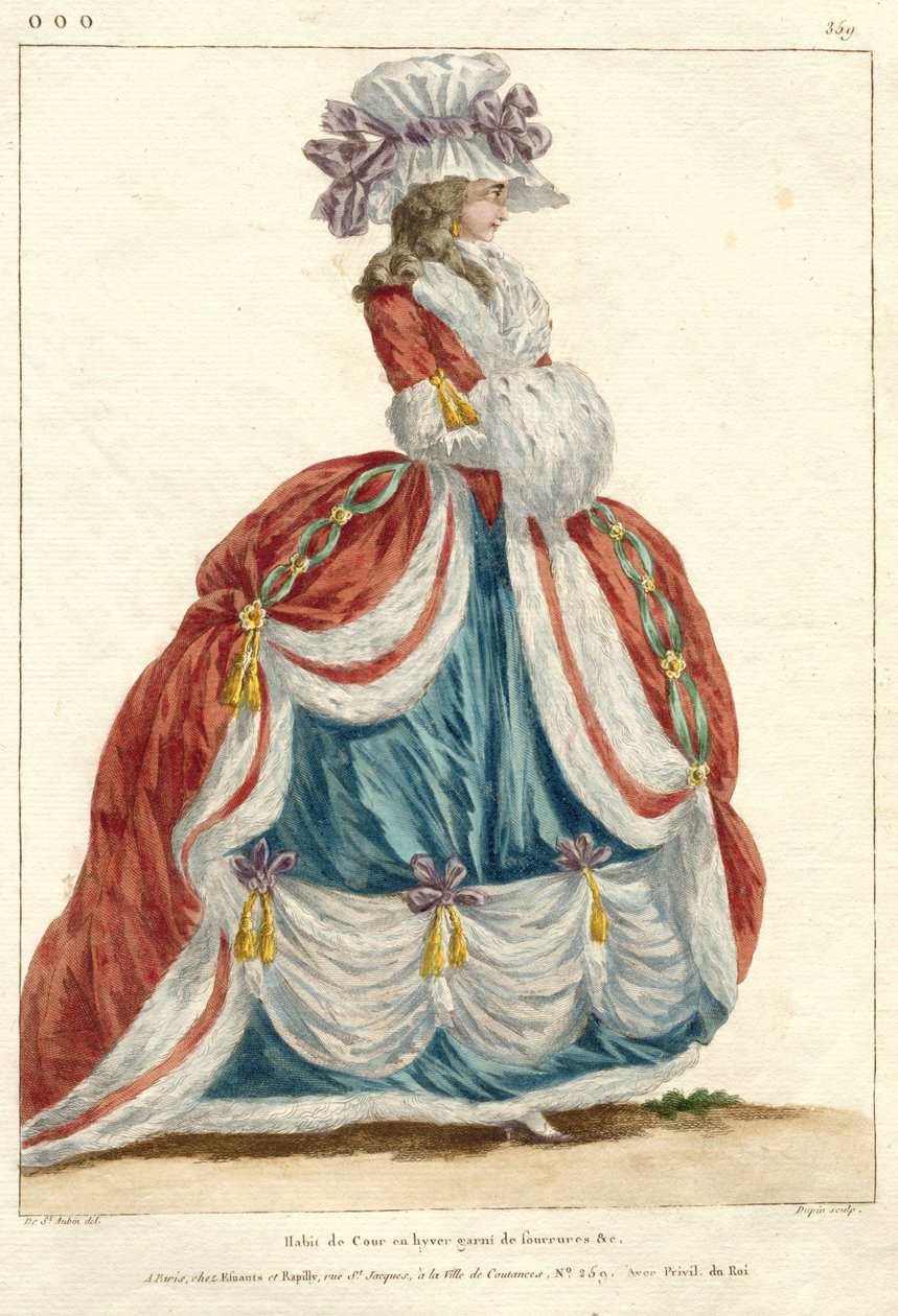 Maria Antonieta: A Rainha da Moda: Galeria Francesa de Moda e Trajes Gallerie des Modes et Costumes Francais, 1787, ooo.359, Vestido da corte no inverno (título no objeto) de Nicolas Dupin