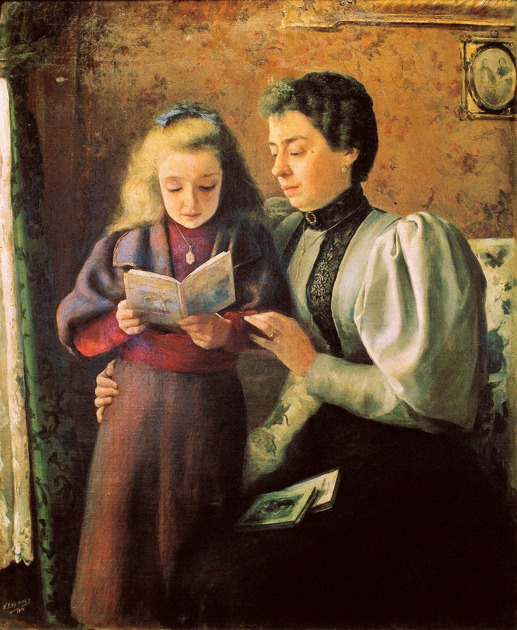 Detalhe "A ajuda à leitura". Pintura de Nicolas Esparza Perez (1873-1928). Dezembro de 1880 Pamplona. Museu de Navarra. de Nicolas Esparza y Perez
