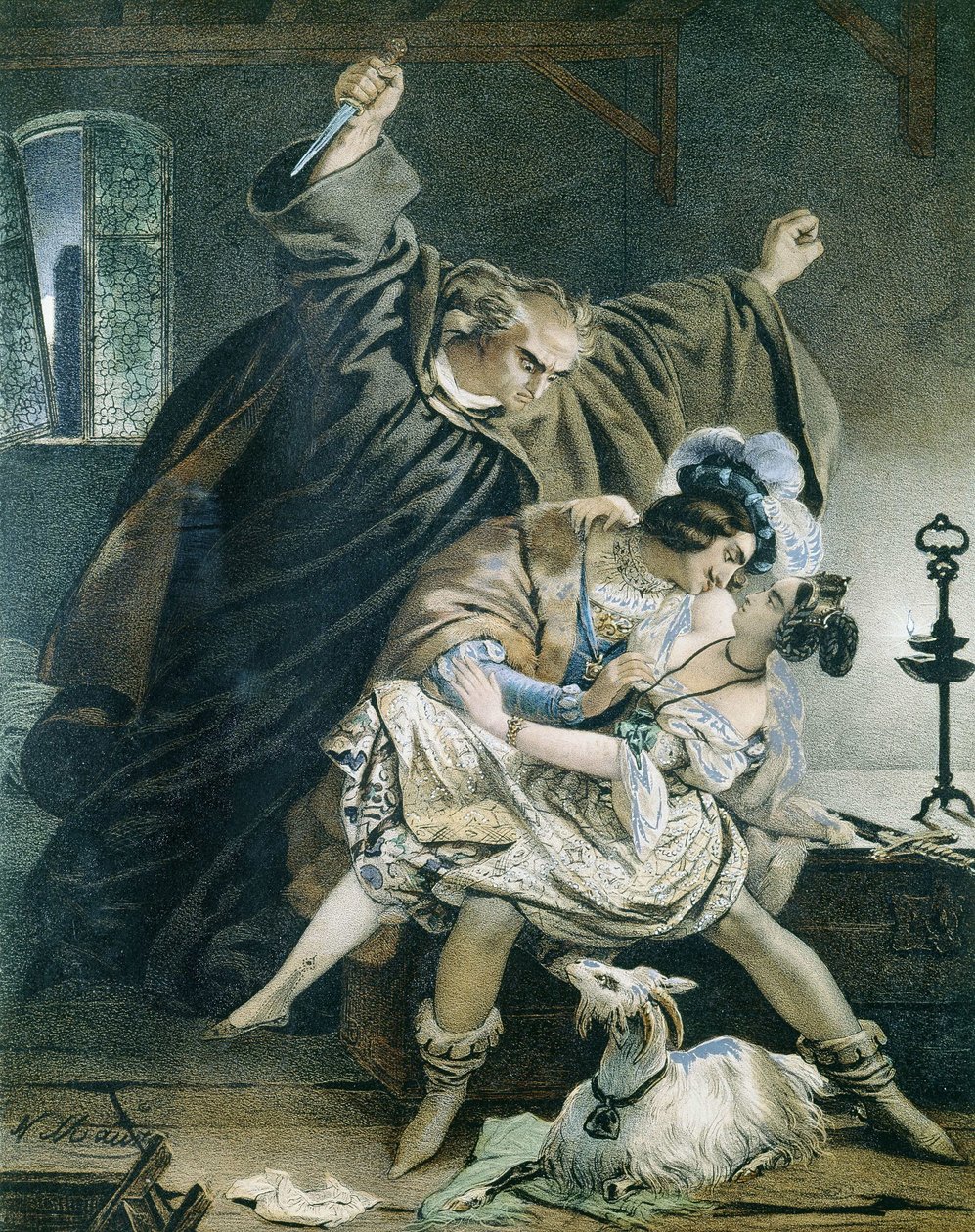 Esmeralda, Phoebus e Claude Frollo (Notre Dame de Paris) de Victor Hugo. Ilustração de Nicolas Eustache Maurin 1799-1850 Coleção particular. de Nicolas Eustache Maurin