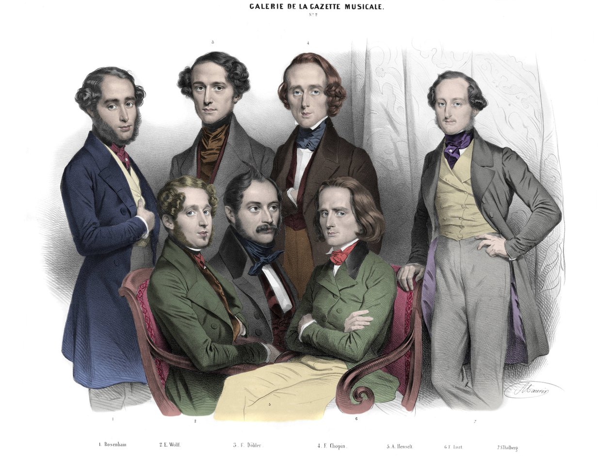 Galerie de la Gazette musicale N. 2. Celebridades de 1842: Frederic Chopin (1810-1849) Franz Liszt (1811-1886), Jacob (Jakob, Jacques) Rosenhain, Edouard Wolff, Sigismund Thalberg, Adolf von Henselt, Theodor (Theodore) Dohler (1814-1856). Gravação por Nico de Nicolas Eustache Maurin